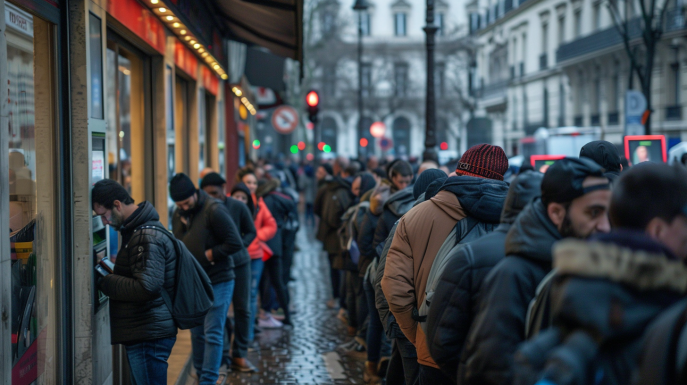 Menschen stehen in Panik vor einem Bankomaten