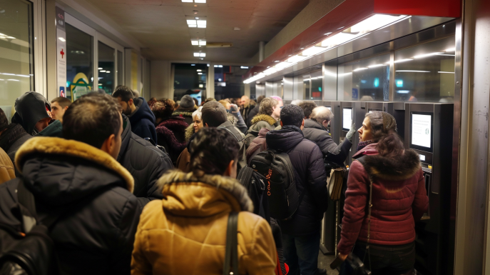 Menschen stehen in einer langen Schlange vor einem Bankomaten