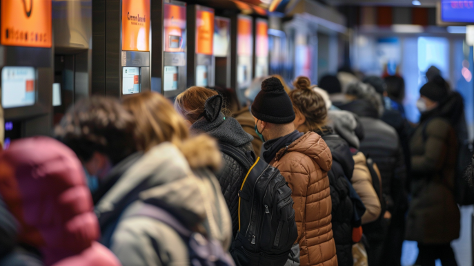 Lange Schlangen vor einem Bankomaten